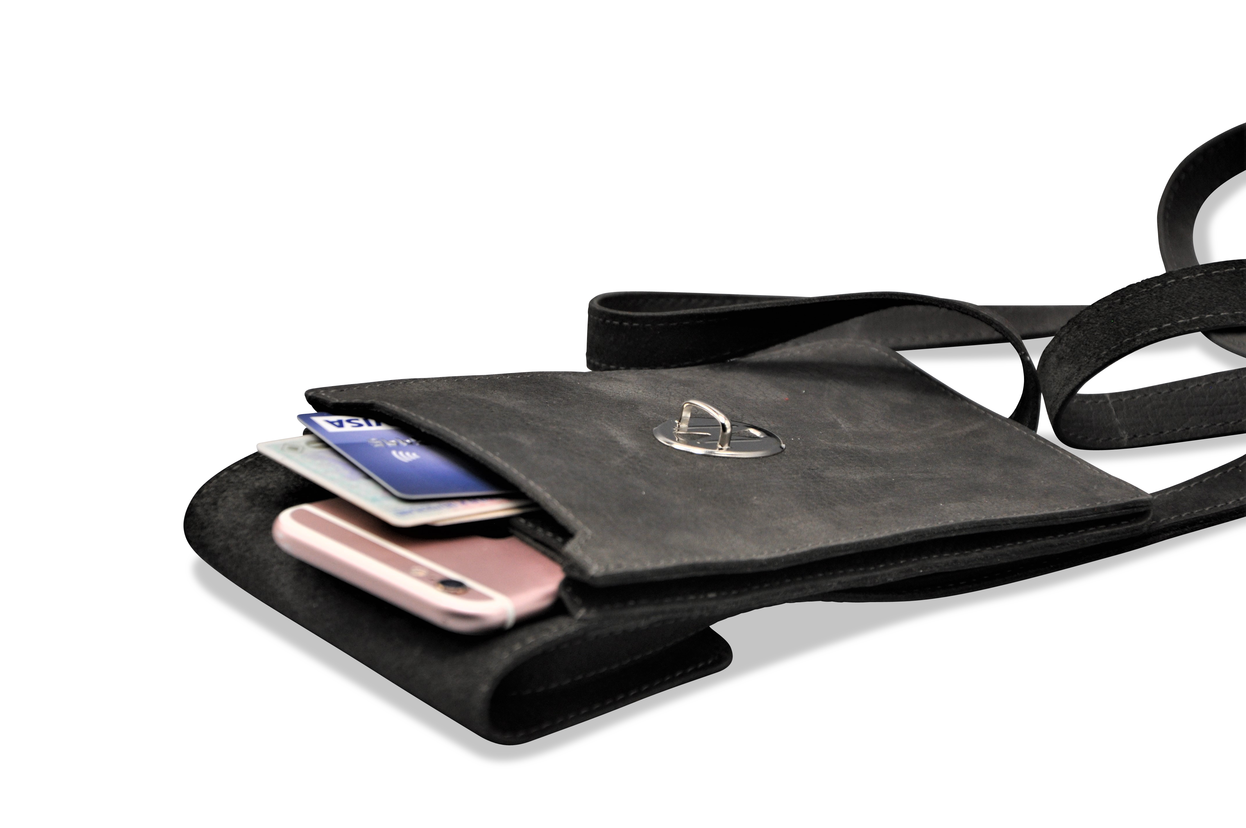 BORSA Handytasche aus grauem genarbeten Rindleder, "Elephant", liegend offen