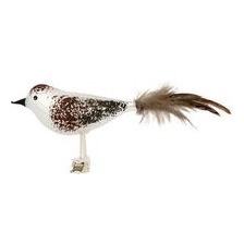 Glasvogel, braun-weiß mit braunen Federn und Clip 14cm