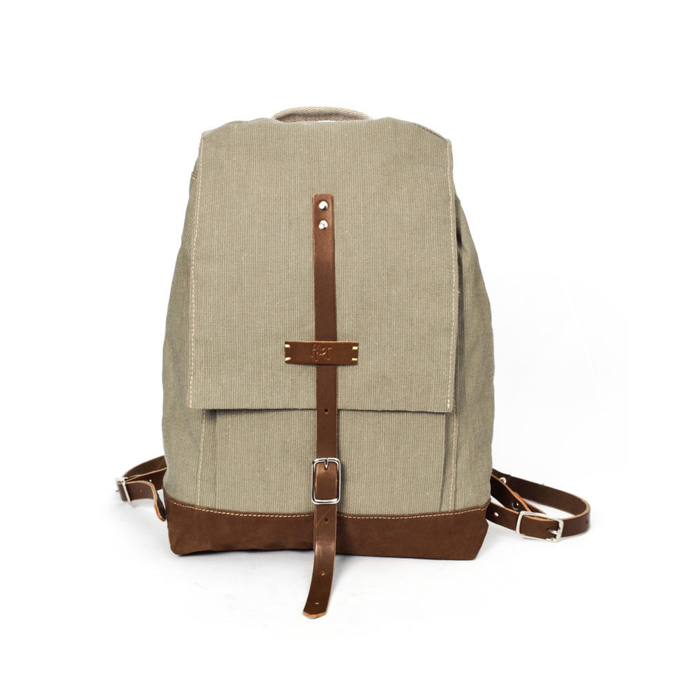 Hack Lederware Rucksack DAYBAG Segeltuch mit Lederriemen in distel, Frontansicht