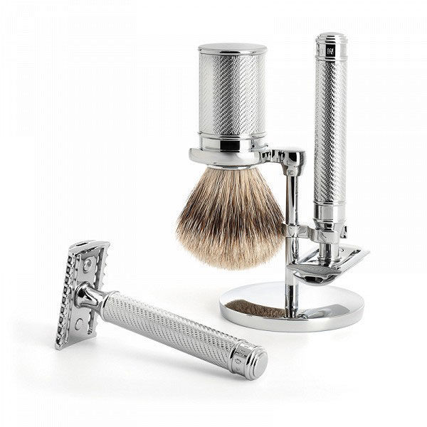 Rasierset mit Pinsel und Hobel, verchromt